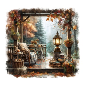 10 herfstveranda PNG-clipart met lantaarn, boeken, pompoenen, dekens, uitzicht op het regenwoud, bloemen, rustieke decorelementen