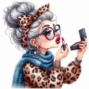 12 clip art PNG di trucco della nonna alla moda - illustrazione di una donna anziana alla moda - design digitale divertente e glamour