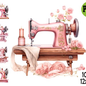 Macchina da cucire rosa vintage ad acquerello, illustrazione clipart sartoria PNG, clipart sarta