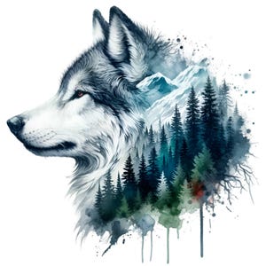 Majestueuze wolf in winter berglandschap clipart, aquarel wildlife kunst, besneeuwd boslandschap, rustiek decor 15, png