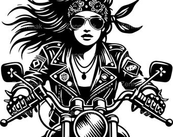 May include: Black and white illustration of a woman wearing a leather jacket, bandana, and sunglasses riding a motorcycle.