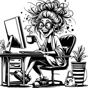 5 SVG Funny Office Lady SVG - Femme en chignon désordonné avec une tasse de café, des chaussons duveteux, un bureau chaotique et une plante - Clipart humoristique pour la vie numérique