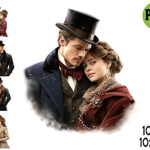 10 imágenes prediseñadas de pareja victoriana PNG: paquete PNG de parejas románticas de invierno: ilustraciones de escenas navideñas vintage para tarjetas, etiquetas y diarios