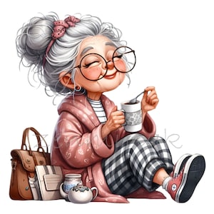 Señora mayor tomando café 12 PNG Divertidos cómics Abuela Dibujos animados ilustración clipart
