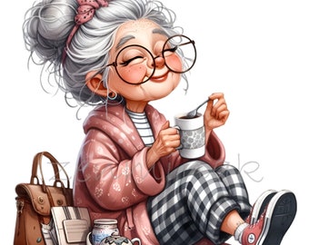 Senior Lady Drinking Coffee 12 PNG Funny Comics Grandma Cartoon illustration clipart
