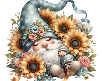 10 PNG Sunflower Gnome Clipart, Floral Garden Fantasy Illustration, Whimsical Nursery Wall Art