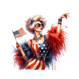 24 Clipart PNG di donna patriottica - Affascinante signora del 4 luglio in abito a stelle e strisce con piume che tiene bandiera e bacchetta - Arte celebrativa degli Stati Uniti