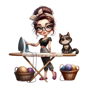 14 PNG Dateien Crafty Woman - PNG Portrait eines bügelnden Mädchens mit Katze und Garn - Niedliche handgemachte Illustration für Näh-, Strick- und DIY-Projekte
