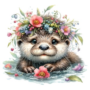 May include: A cute otter wearing a flower crown with pink, blue and white flowers. The otter is in the water with a pink flower in front of it.