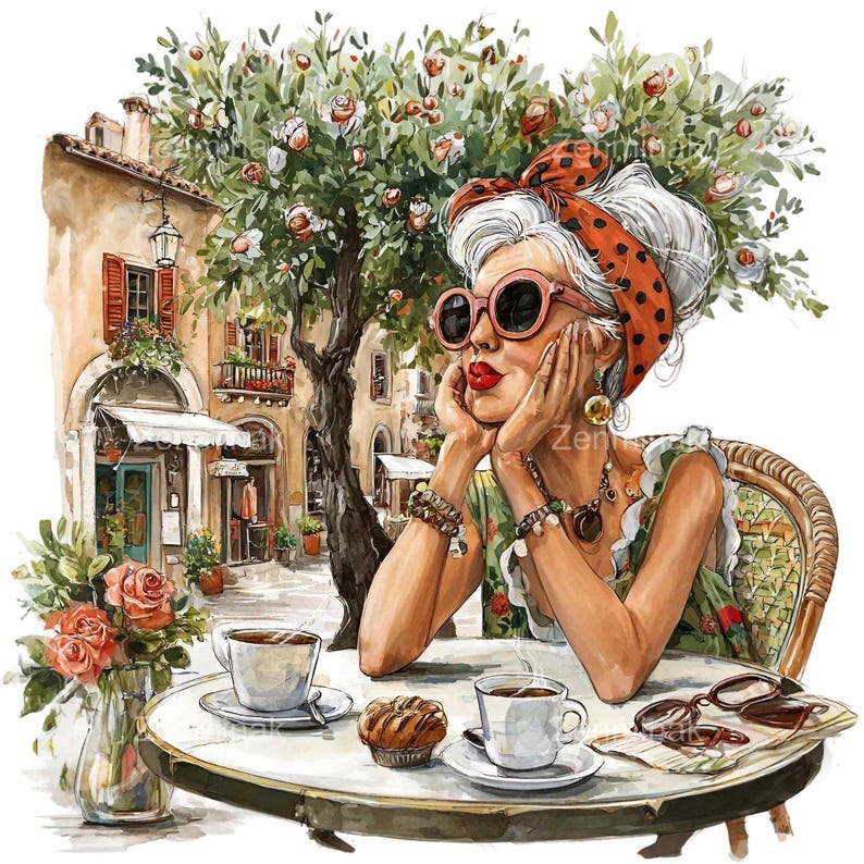 14 PNG Funny Senior Lady Clipart, Paris Cafe Coffee Illustration - Etsy