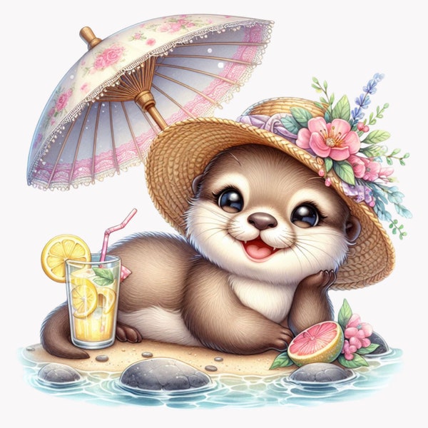 Otter Clipart, Nursery Decor, Lemonade, Vacation, Summer Scene, Kids Illustration, Playful Animal