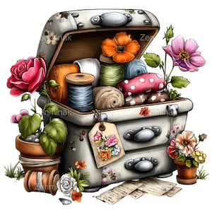 May include: An open, vintage-style sewing box with a floral design, filled with spools of thread in various colors and fabric rolls. The box is adorned with a tag featuring floral illustrations and is surrounded by potted flowers and loose papers.