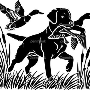 6 siluetas de perros de caza y patos SVG, retriever con archivo de corte de pato, diseño digital de caza de aves acuáticas para Cricut y láser