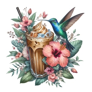 18 imágenes prediseñadas de café helado PNG: bebida floral de café PNG con colibrí tropical: arte de bebida de verano para sublimación y manualidades