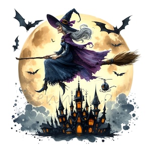 12 Flying Witch PNG Clipart with Full Moon and Haunted Castle, Halloween Bats Illustration, Spooky Night Art