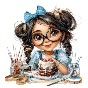 15 PNG Garota astuta PNG – Criança fofa com bolo, material de costura, fios e ferramentas de arte – Clipart para projetos criativos, artesanato de aniversário e decoração