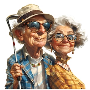 May include: A senior couple wearing glasses and casual clothing. The man is holding a golf club and wearing a hat. The woman is smiling and wearing a plaid shirt.