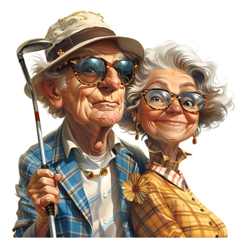 May include: A senior couple wearing glasses and casual clothing. The man is holding a golf club and wearing a hat. The woman is smiling and wearing a plaid shirt.