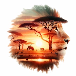 Leone africano e paesaggio della savana PNG Clipart, 14 Majestic Wildlife Sunset Scene - Download PNG ad alta risoluzione