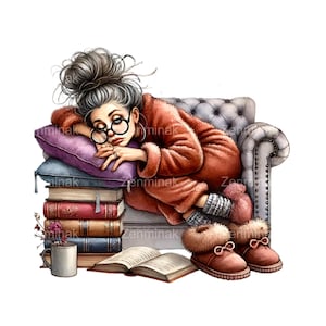 12 Nonna che legge PNG, Clip Art di donna anziana dei cartoni animati divertenti, Illustrazione digitale per artigianato e sublimazione