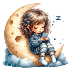 12 Ragazza sulla Luna PNG Clipart, Illustrazione di un bambino assonnato carino, Cielo notturno PNG Art per progetti e lavoretti per bambini