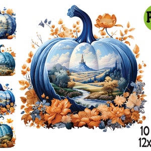 10 PNG Blaue Kürbis Clipart - Herbst PNG Landschaft Set - Herbsternte Kürbisse mit malerischen Ansichten für Handwerk, Karten und Wohndekor