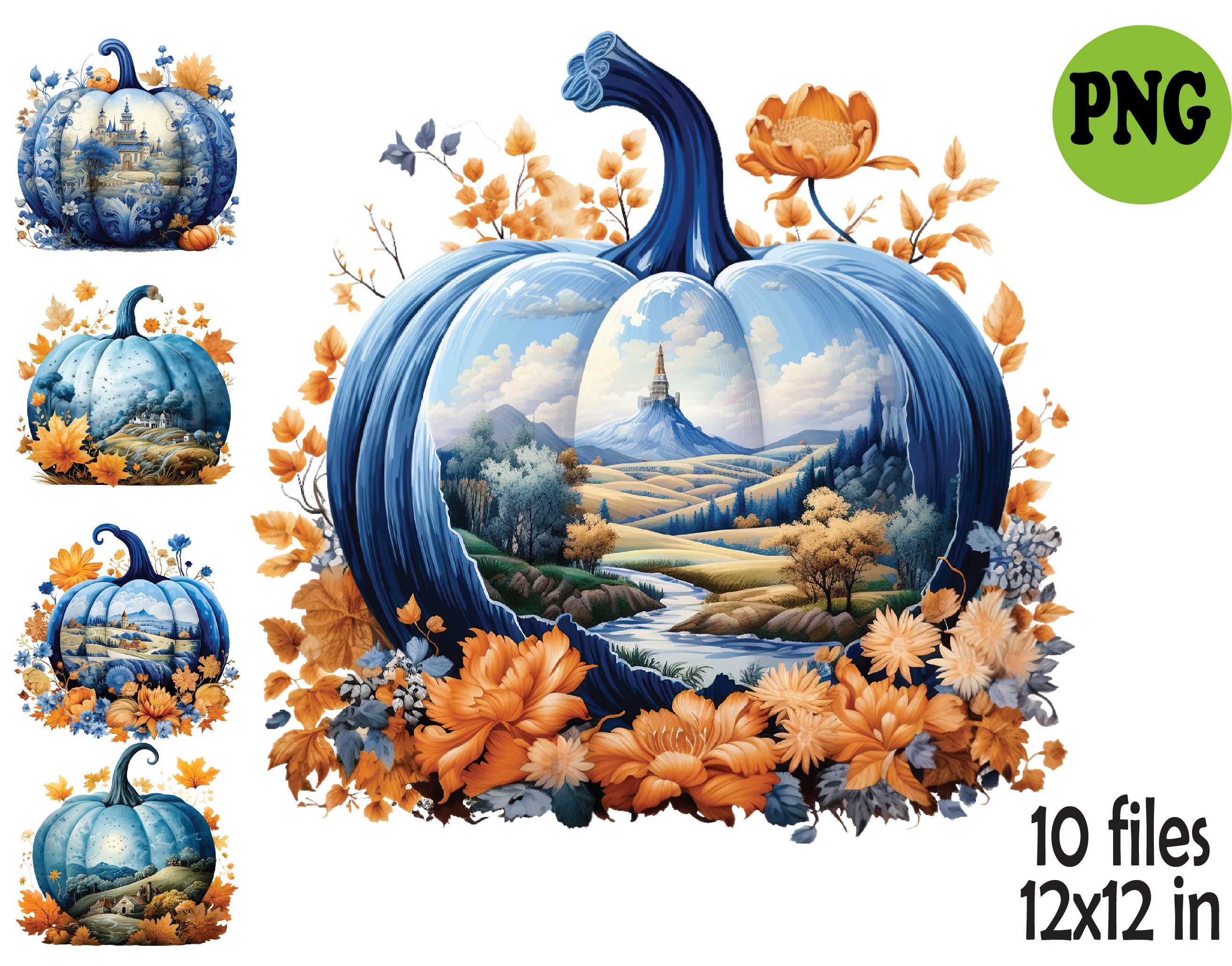 10 PNG Blue Pumpkin Watercolor Clipart, Fall Landscape Porcelain - Etsy