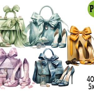 Fashion Accessories PNG Bundle, Luxury Handbag and Shoes Clipart, Bows Graphics