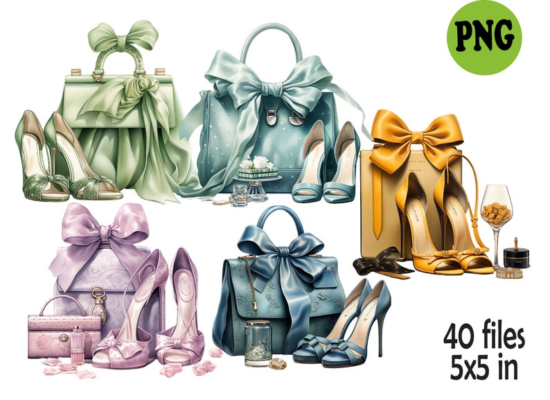 Fashion Accessories PNG Bundle, Luxury Handbag and Shoes Clipart, Bows Graphics