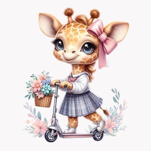 10 PNG Giraffe girl school – Cute PNG clipart – Pastel animal with flowers and bow for nursery prints, kids crafts and baby decor