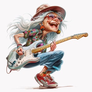 10 divertenti PNG clipart della nonna che suona la chitarra elettrica, stile rocker alla moda con cappello, occhiali da sole e capelli selvaggi