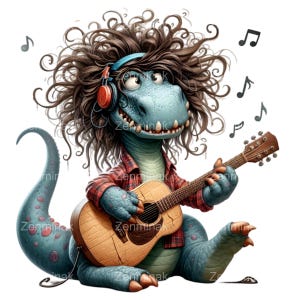 Funny Dinosaur Playing Guitar PNG, 14 Music Lover Dino Clipart, Cartoon Character Illustration for Sublimation