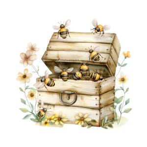 15 png-bijenschatdoos – schattige bij-png-clipart met houten kist en bloemen – lente-honingbijkunst voor stickers, tijdschriften en knutsels