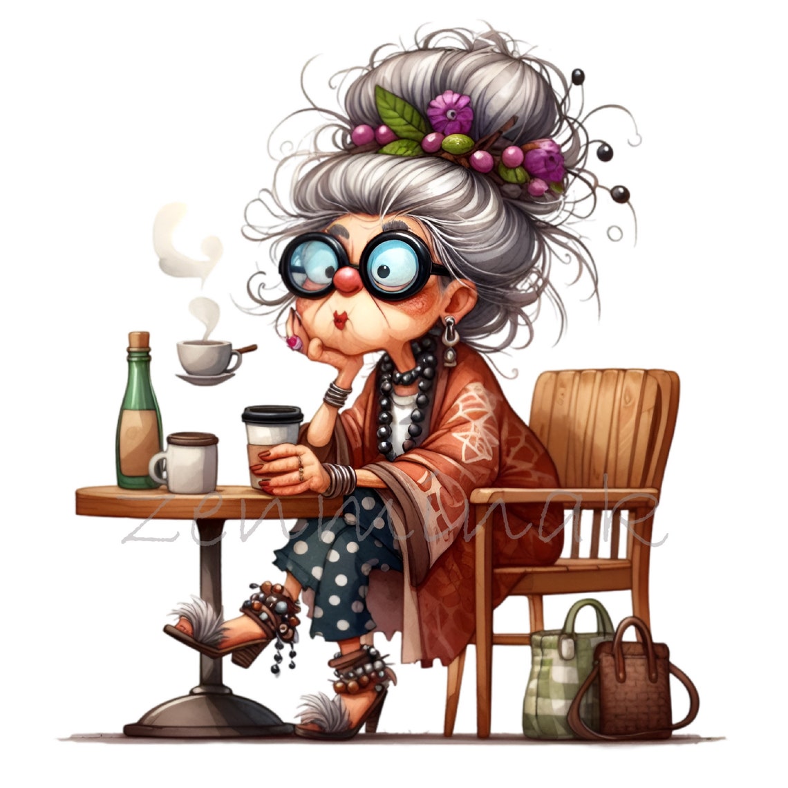 Senior Lady Drinking Coffee 14 PNG Funny Comics Fashion Grandma Cartoon ...