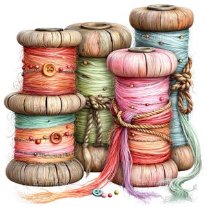 May include: A collection of colorful spools of thread, each with a unique color scheme. The spools are adorned with buttons, beads, and twine, creating a rustic and artistic aesthetic. The color palette includes shades of pink, orange, green, and blue.
