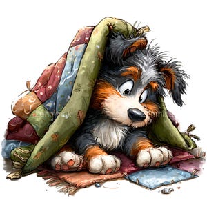 May include: A watercolour illustration of a Bernese Mountain Dog puppy peeking from under a patchwork quilt. The puppy has black, brown, and white fur, with large, expressive eyes. The quilt is made of various colourful fabrics.