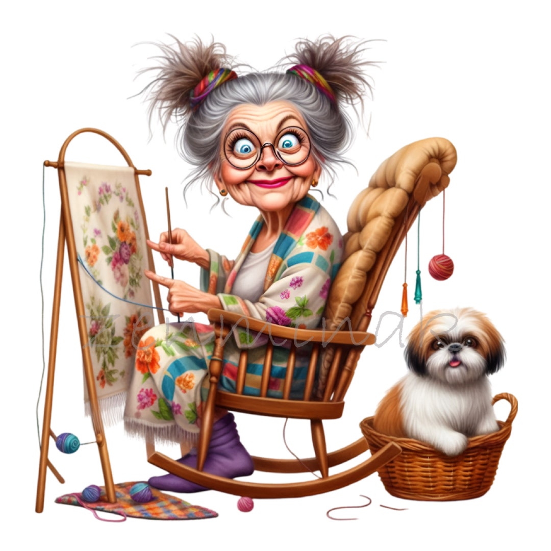 14 Funny Grandma PNG Clipart - Whimsical Elderly Lady Embroidering With ...