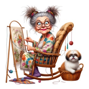 14 Clipart PNG grand-mère drôle - femme âgée lunatique à broder avec un chien - illustration de création pour la décoration
