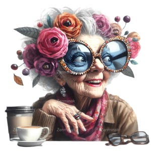 Nonna floreale con occhiali oversize PNG Clipart, 14 donne anziane stravaganti con rose, divertente arte del caffè della nonna
