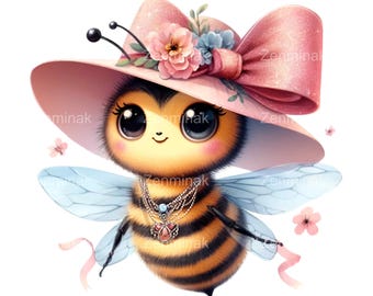 15 PNG Honey Bee Watercolor Clipart, Bumblebee Floral Hat, Spring Garden