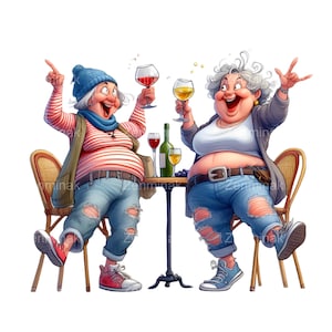 16 PNG Lustige Wein Frauen PNG Clipart, Plus Größe Damen Trinken Wein Illustration, Cartoon Freunde Wein Prost Kunst