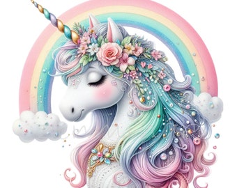 Unicorn Clipart, 10 PNG Watercolor Rainbow, Clouds Rainbow Unicorn, Newborn Clipart, Birthday Clipart, Kids Shirt, Mug Tumbler Sublimation