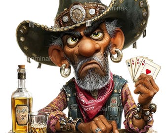 15 png grappige pokercowboy-clipart – knorrige kaartspeler png – whisky, azen en houding voor stickers, bekers, sublimatie, feestdecor