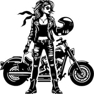 4 siluetas de motociclistas SVG, clipart de motociclista femenina para Cricut y corte láser, diseño de chica rebelde con casco