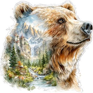 May include: Watercolor illustration of a brown bear's head with a landscape scene inside. The landscape features a castle, mountains, a waterfall, and a river. The bear's fur is detailed, and the overall style is artistic.