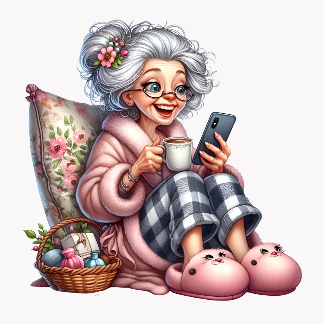 10 PNG Funny Granny PNG Clipart – Old Lady With Coffee and Phone ...