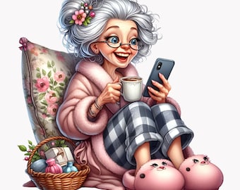 May include: A woman in a pink robe and pajamas sits on a floral pillow, holding a cup of coffee and a smartphone. She is wearing pink slippers with a cartoon face on them. A basket of bath products is in the foreground.