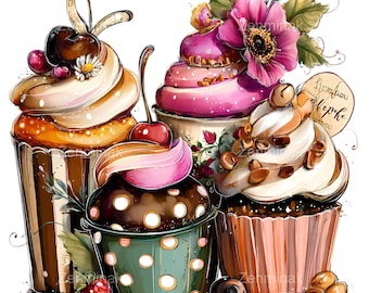 15 PNG Cupcake Collection Clipart, Sweet Desserts Watercolor Illustration Bakery Treats