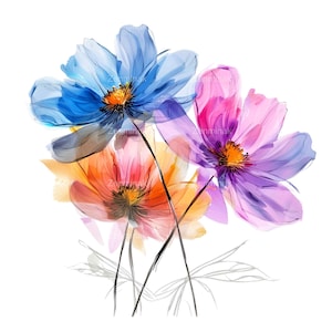 17 Clipart PNG di fiori ad acquerello: petali traslucidi nei toni del blu, rosa, arancione e viola, elegante bouquet trasparente
