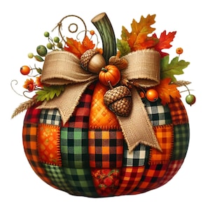 May include: A patchwork pumpkin with a burlap bow and fall foliage accents. The pumpkin is decorated with a plaid pattern in shades of orange, green, black, and red.